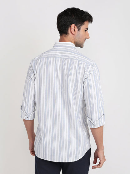 Colorplus Men White Stripe Regular Fit Cotton Blend Full Sleeve Casual Shirt