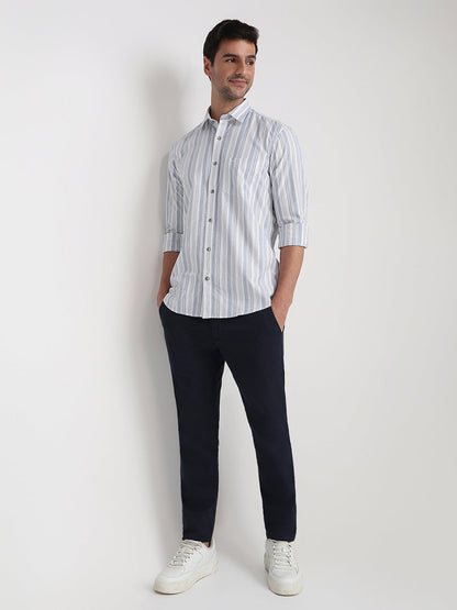 Colorplus Men White Stripe Regular Fit Cotton Blend Full Sleeve Casual Shirt
