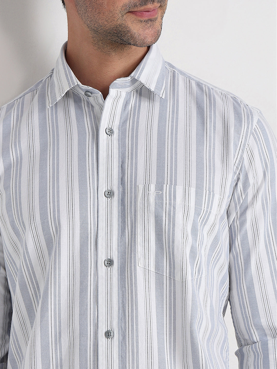 Colorplus Men White Stripe Regular Fit Cotton Blend Full Sleeve Casual Shirt