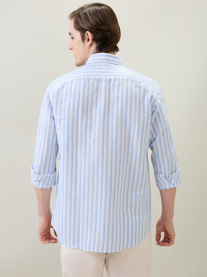 Colorplus Men Blue Stripe Regular Fit Linen Blend Full Sleeve Casual Shirt