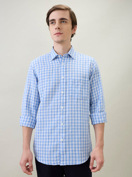 Colorplus Men Blue Checks Regular Fit Linen Blend Full Sleeve Casual Shirt