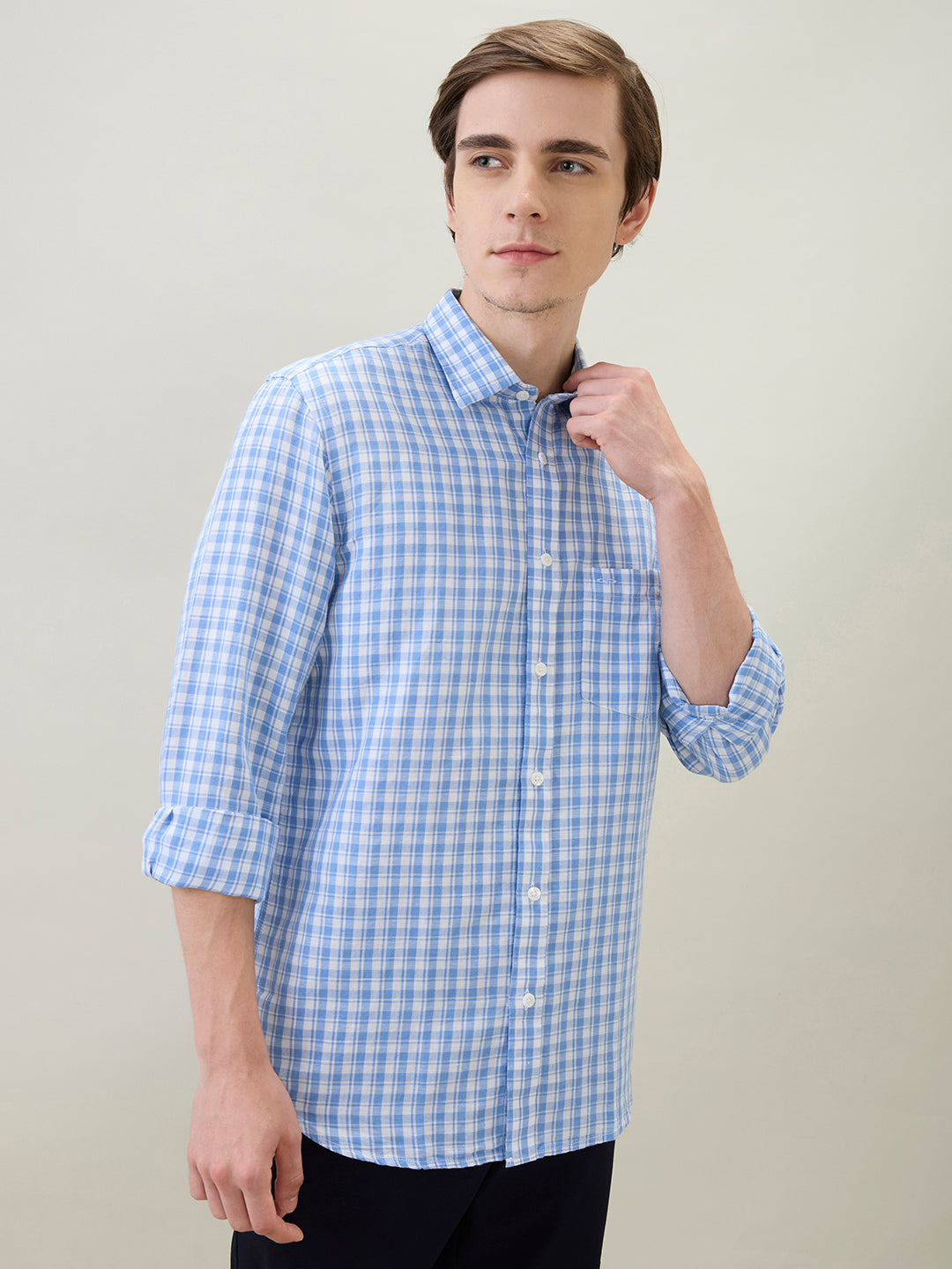 Colorplus Men Blue Checks Regular Fit Linen Blend Full Sleeve Casual Shirt
