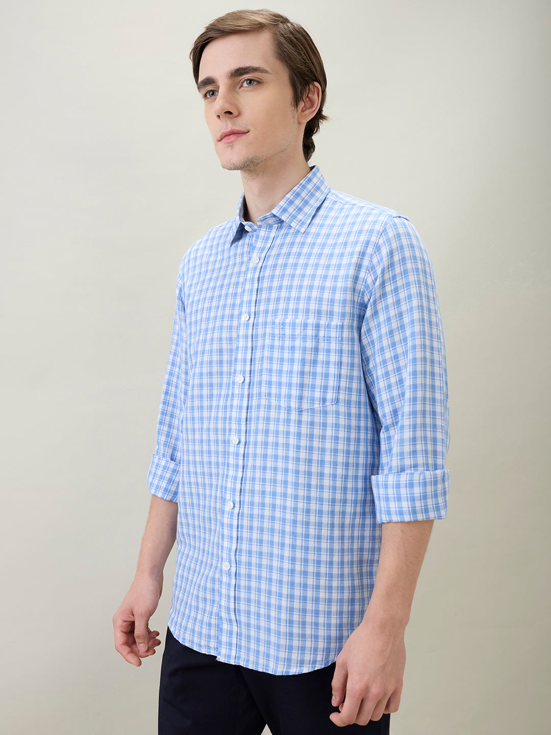Colorplus Men Blue Checks Regular Fit Linen Blend Full Sleeve Casual Shirt