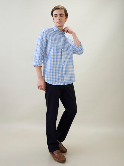 Colorplus Men Blue Checks Regular Fit Linen Blend Full Sleeve Casual Shirt