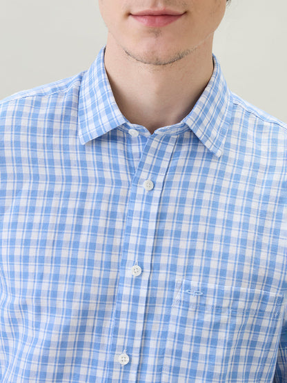 Colorplus Men Blue Checks Regular Fit Linen Blend Full Sleeve Casual Shirt