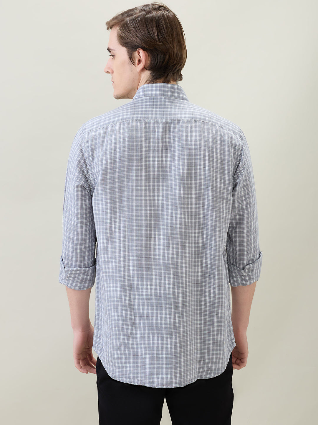 Colorplus Men Grey Checks Regular Fit Linen Blend Full Sleeve Casual Shirt