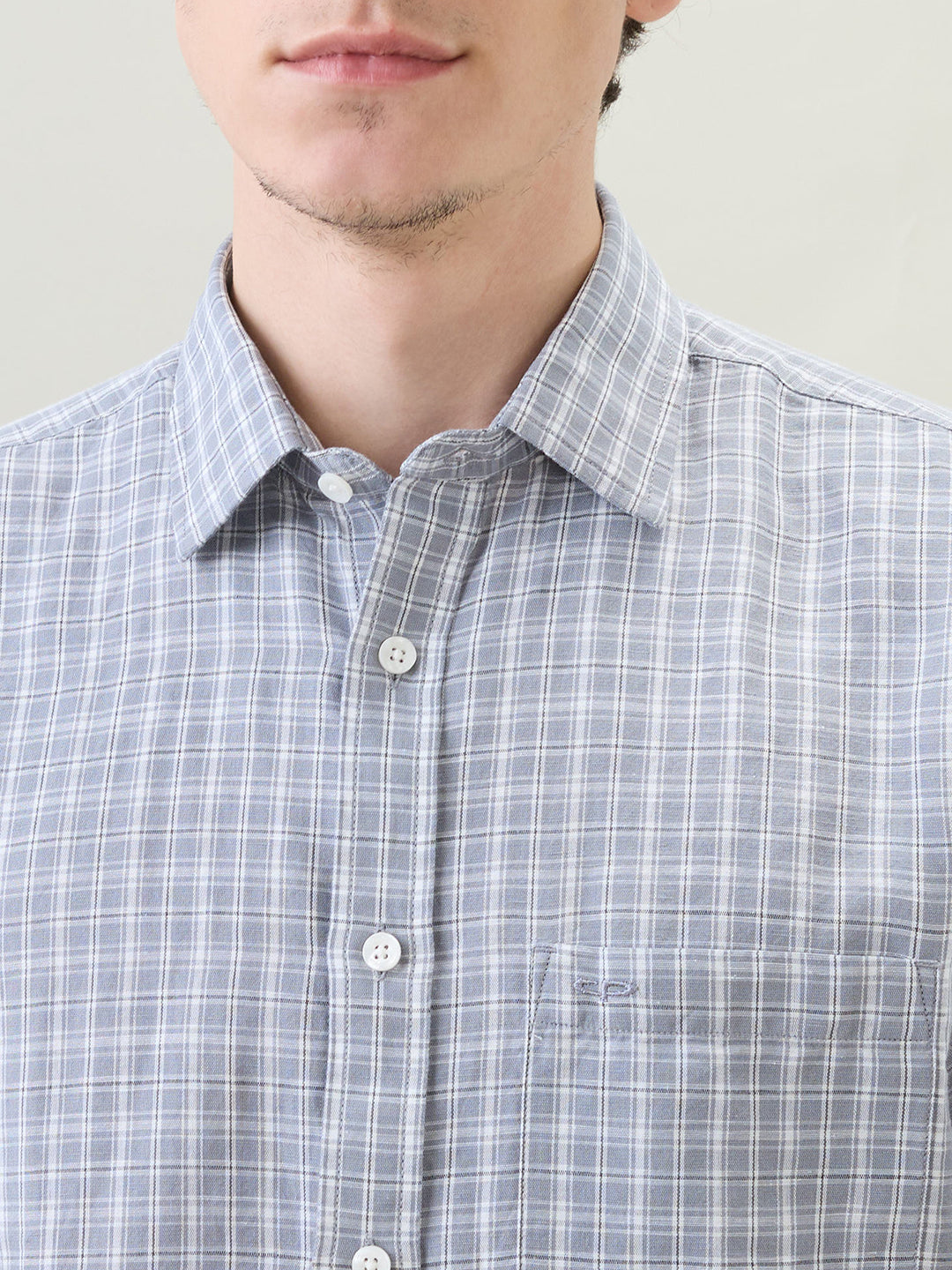 Colorplus Men Grey Checks Regular Fit Linen Blend Full Sleeve Casual Shirt