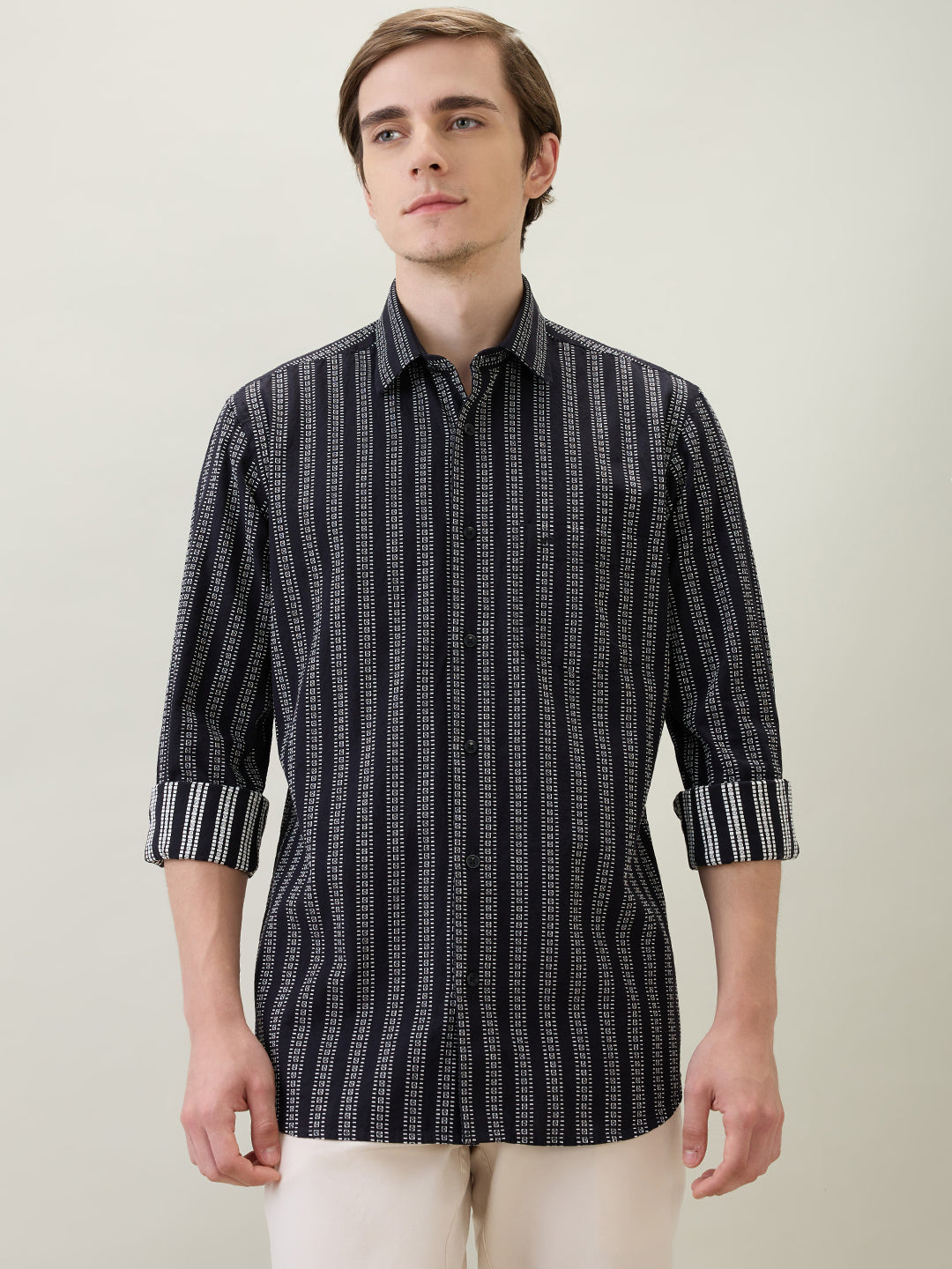 Colorplus Men Black Stripe Regular Fit Cotton Full Sleeve Casual Shirt