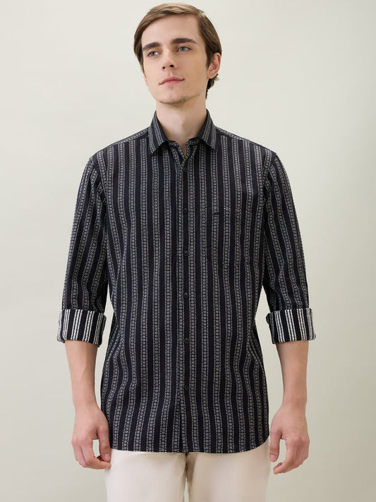 Colorplus Men Black Stripe Regular Fit Cotton Full Sleeve Casual Shirt