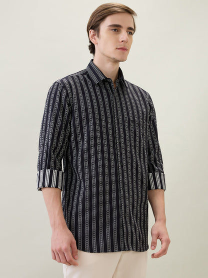 Colorplus Men Black Stripe Regular Fit Cotton Full Sleeve Casual Shirt