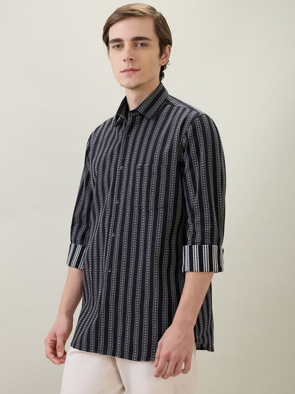 Colorplus Men Black Stripe Regular Fit Cotton Full Sleeve Casual Shirt