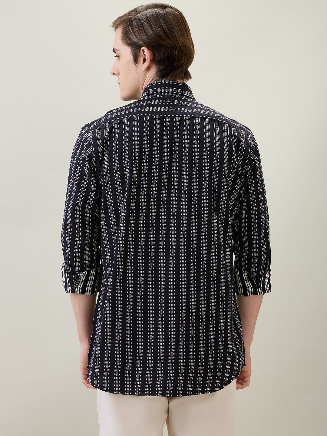 Colorplus Men Black Stripe Regular Fit Cotton Full Sleeve Casual Shirt