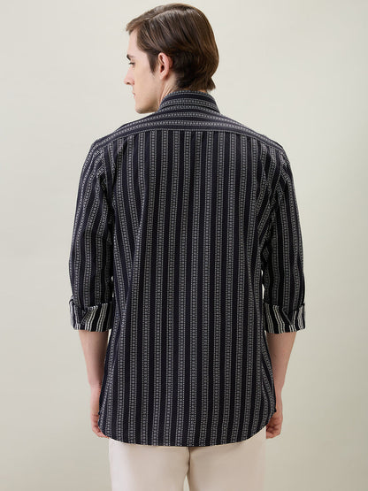 Colorplus Men Black Stripe Regular Fit Cotton Full Sleeve Casual Shirt