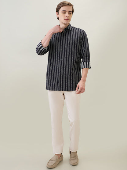 Colorplus Men Black Stripe Regular Fit Cotton Full Sleeve Casual Shirt