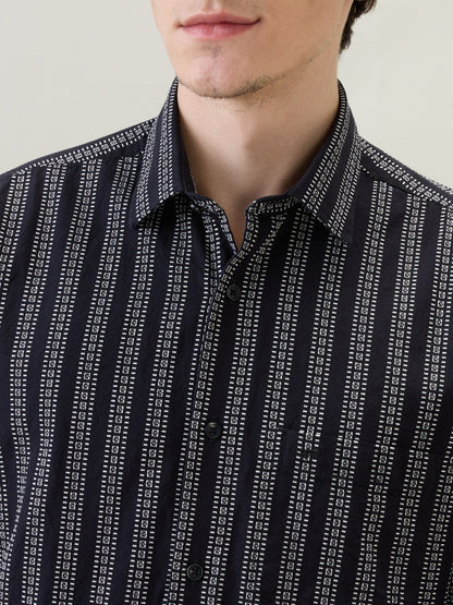 Colorplus Men Black Stripe Regular Fit Cotton Full Sleeve Casual Shirt