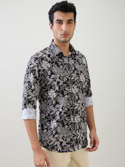 Colorplus Men Black Printed Regular Fit Cotton Full Sleeve Casual Shirt