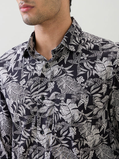 Colorplus Men Black Printed Regular Fit Cotton Full Sleeve Casual Shirt