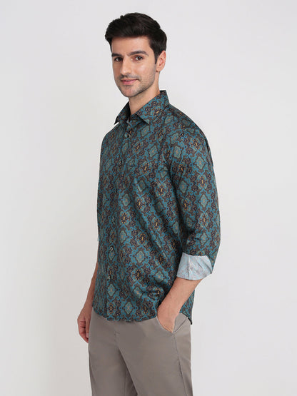 Colorplus Men Blue Printed Regular Fit Cotton Full Sleeve Casual Shirt