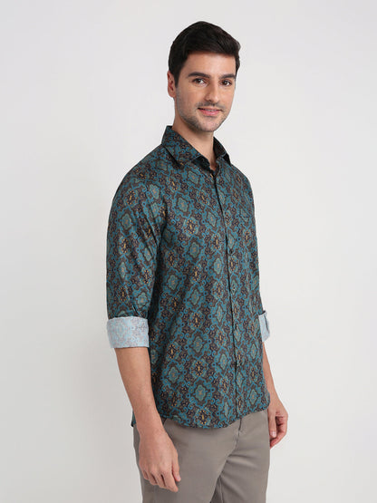 Colorplus Men Blue Printed Regular Fit Cotton Full Sleeve Casual Shirt