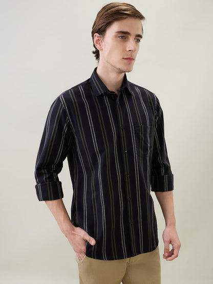 Colorplus Men Black Stripe Regular Fit Cotton Full Sleeve Casual Shirt