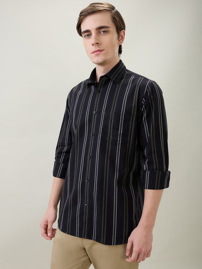 Colorplus Men Black Stripe Regular Fit Cotton Full Sleeve Casual Shirt