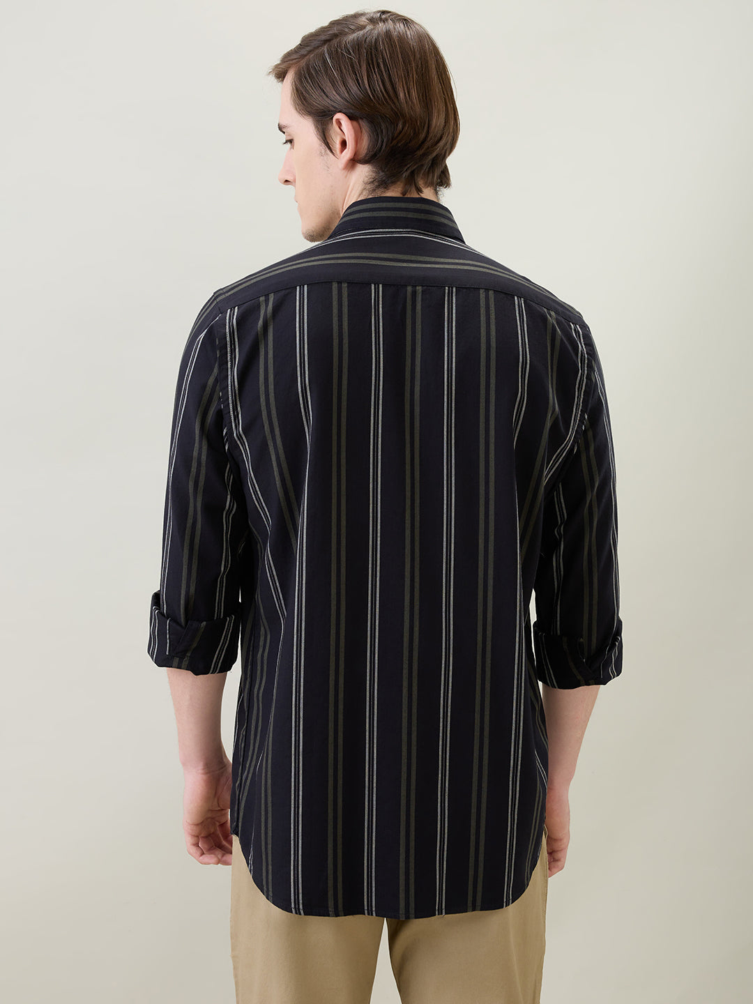 Colorplus Men Black Stripe Regular Fit Cotton Full Sleeve Casual Shirt