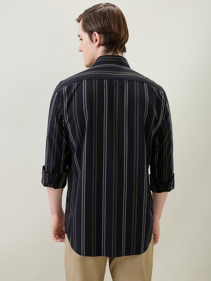 Colorplus Men Black Stripe Regular Fit Cotton Full Sleeve Casual Shirt