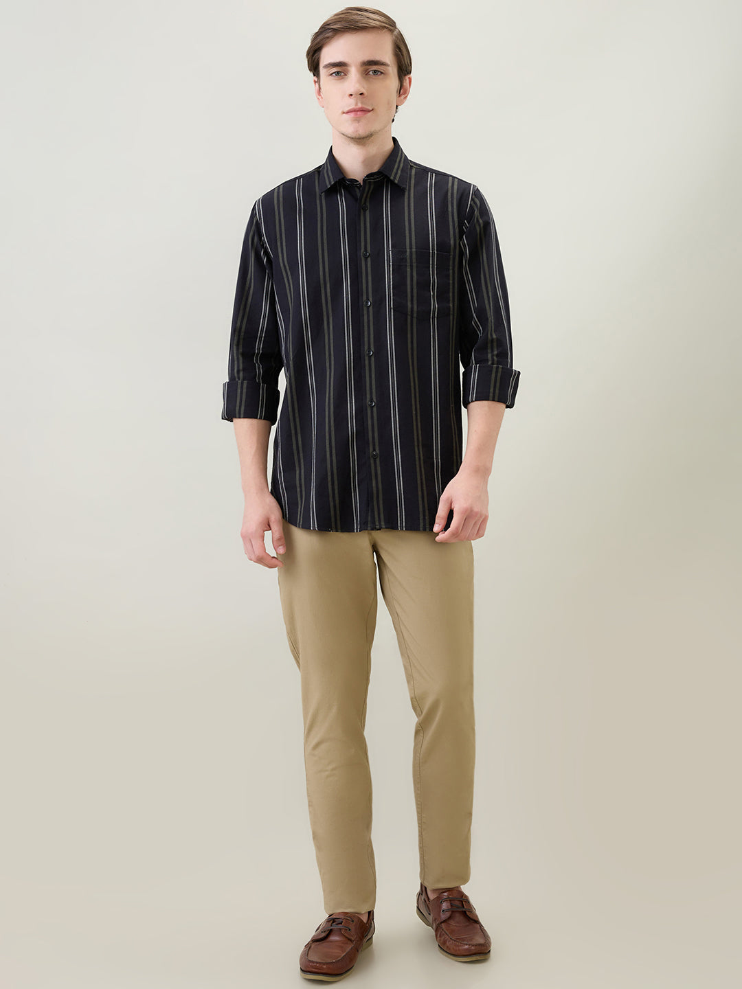 Colorplus Men Black Stripe Regular Fit Cotton Full Sleeve Casual Shirt