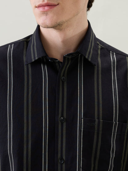 Colorplus Men Black Stripe Regular Fit Cotton Full Sleeve Casual Shirt