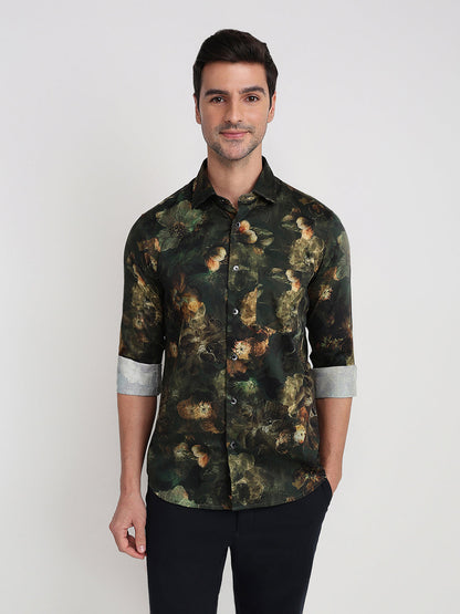 Colorplus Men Green Printed Regular Fit Cotton Full Sleeve Casual Shirt