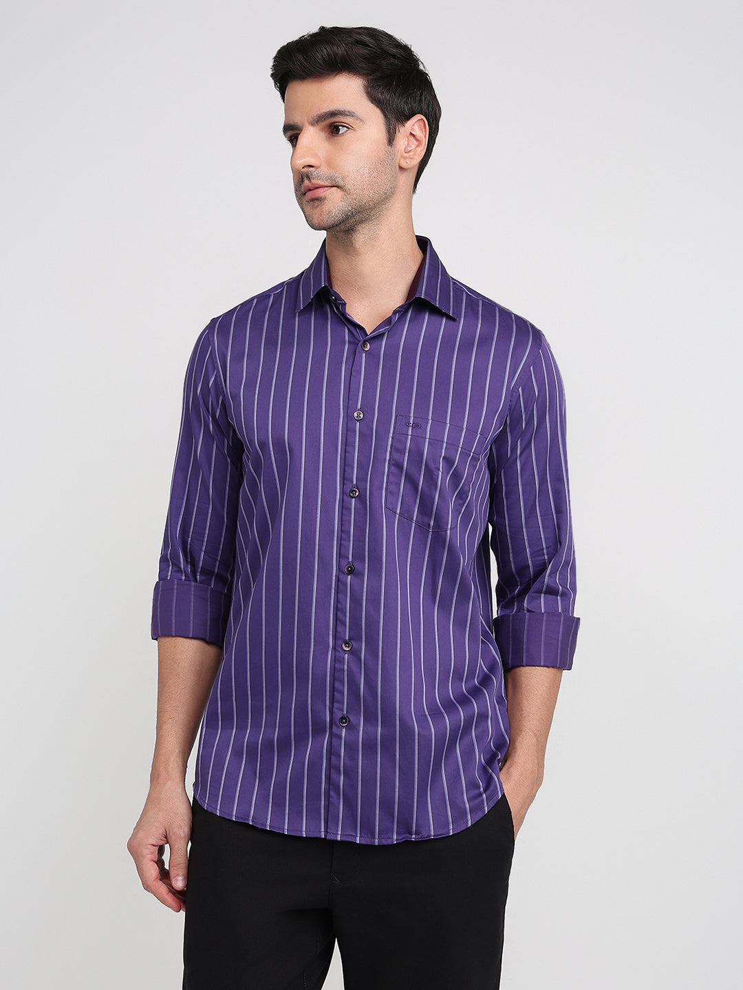 Colorplus Men Purple Stripe Regular Fit Cotton Full Sleeve Casual Shirt