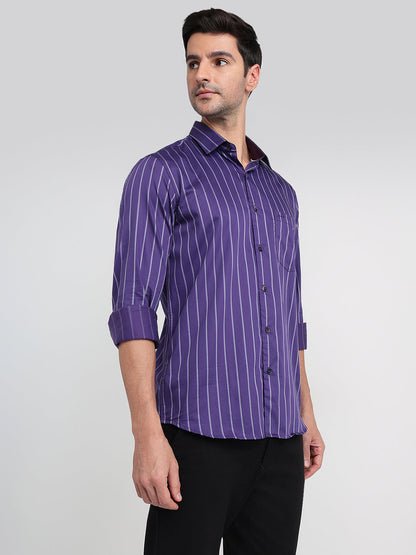 Colorplus Men Purple Stripe Regular Fit Cotton Full Sleeve Casual Shirt