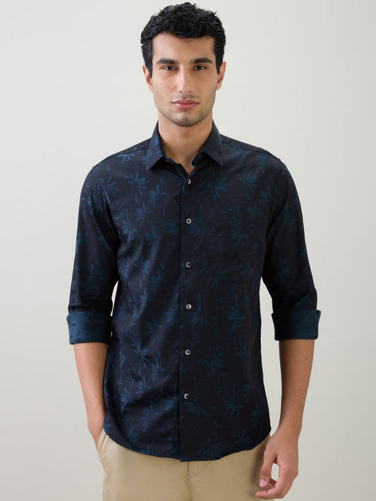 Colorplus Men Blue Jacquard Regular Fit Cotton Full Sleeve Casual Shirt