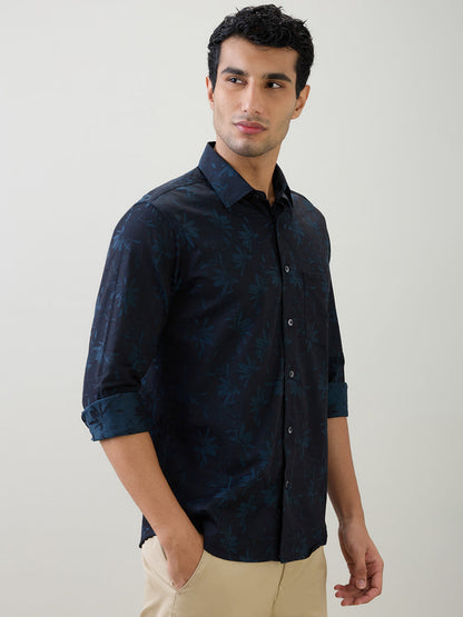 Colorplus Men Blue Jacquard Regular Fit Cotton Full Sleeve Casual Shirt