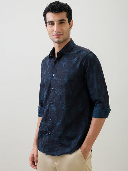 Colorplus Men Blue Jacquard Regular Fit Cotton Full Sleeve Casual Shirt
