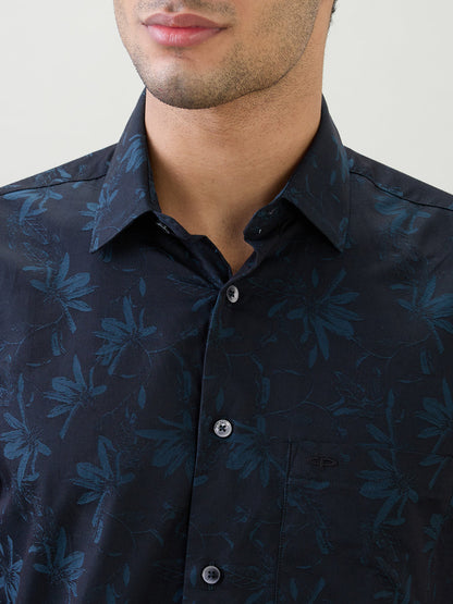 Colorplus Men Blue Jacquard Regular Fit Cotton Full Sleeve Casual Shirt