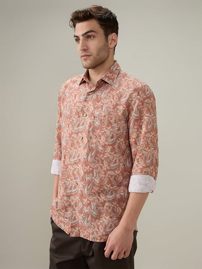 Colorplus Men Orange Printed Regular Fit Linen Blend Full Sleeve Casual Shirt