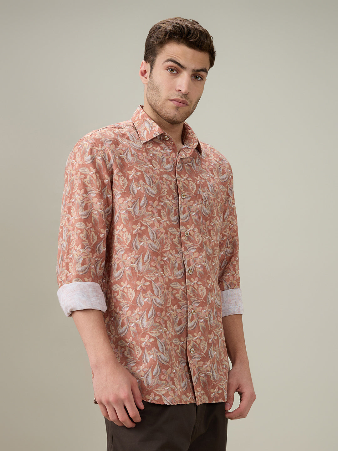 Colorplus Men Orange Printed Regular Fit Linen Blend Full Sleeve Casual Shirt