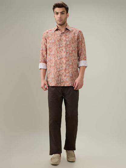Colorplus Men Orange Printed Regular Fit Linen Blend Full Sleeve Casual Shirt