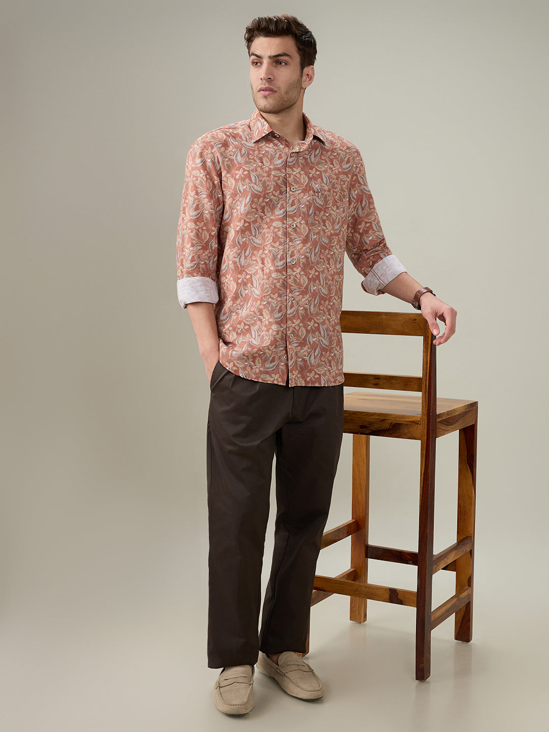 Colorplus Men Orange Printed Regular Fit Linen Blend Full Sleeve Casual Shirt