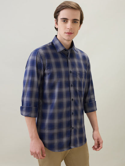 Colorplus Men Blue Checks Regular Fit Cotton Full Sleeve Casual Shirt