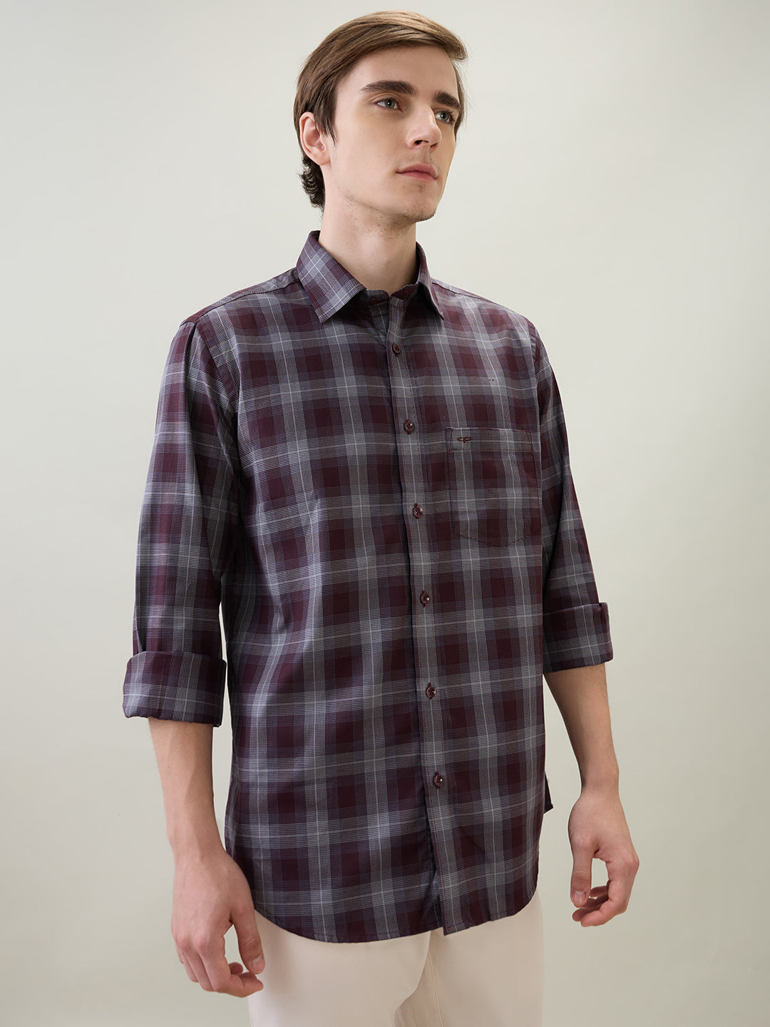 Colorplus Men Maroon Checks Regular Fit Cotton Full Sleeve Casual Shirt