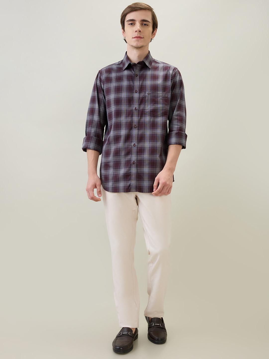 Colorplus Men Maroon Checks Regular Fit Cotton Full Sleeve Casual Shirt