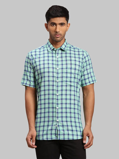 Men Green Tailored Fit Checks Cotton Half Sleeve Shirts