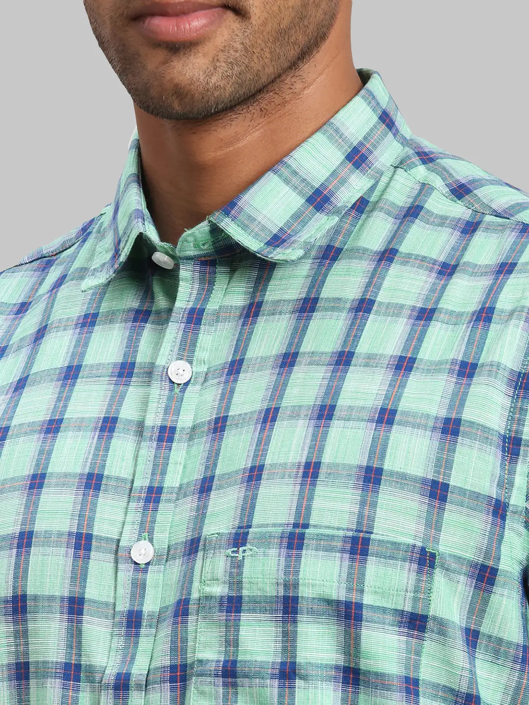 Men Green Tailored Fit Checks Cotton Half Sleeve Shirts