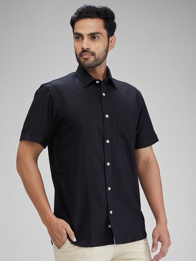 Colorplus Black Solid Piece Dyed Tailored Fit Linen Blend Casual Shirt