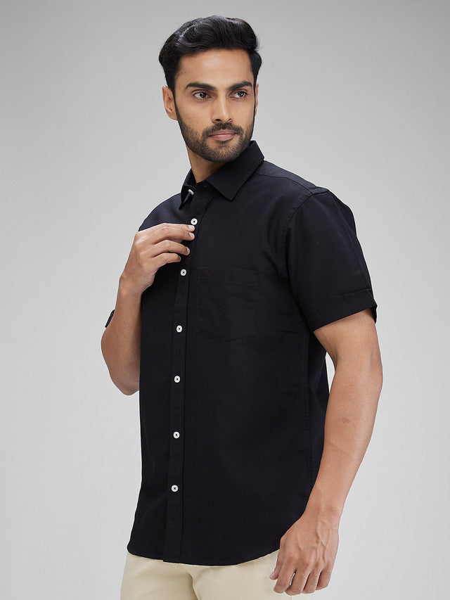 Colorplus Black Solid Piece Dyed Tailored Fit Linen Blend Casual Shirt