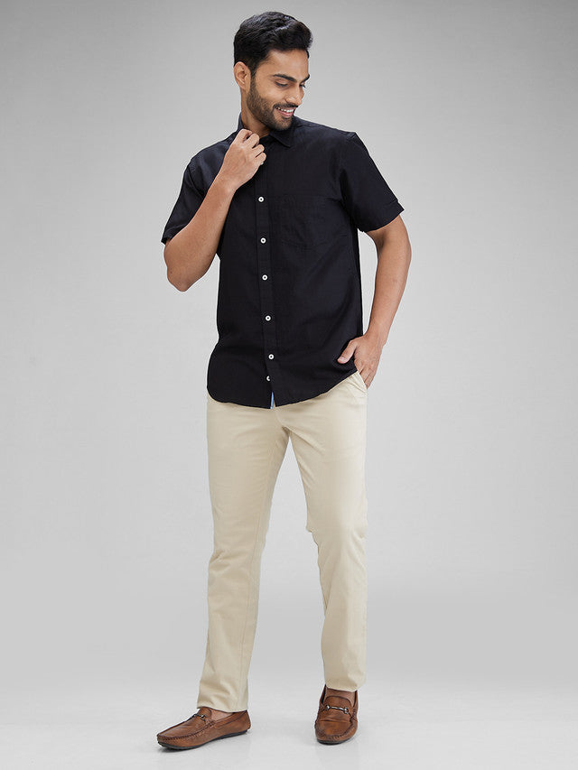 Colorplus Black Solid Piece Dyed Tailored Fit Linen Blend Casual Shirt