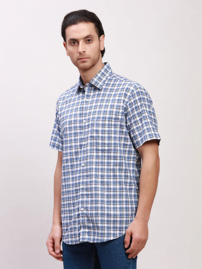 Colorplus Men Blue Checkered Tailored Fit Half Sleeve Spread Collar Shirt