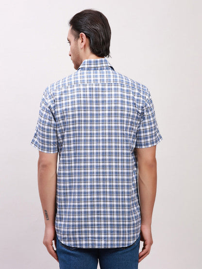 Colorplus Men Blue Checkered Tailored Fit Half Sleeve Spread Collar Shirt